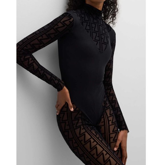 NwT size L 10-12 FUZZI Mock Neck Black Semi Sheer Bodysuit ULTRA SEXY - Picture 4 of 7